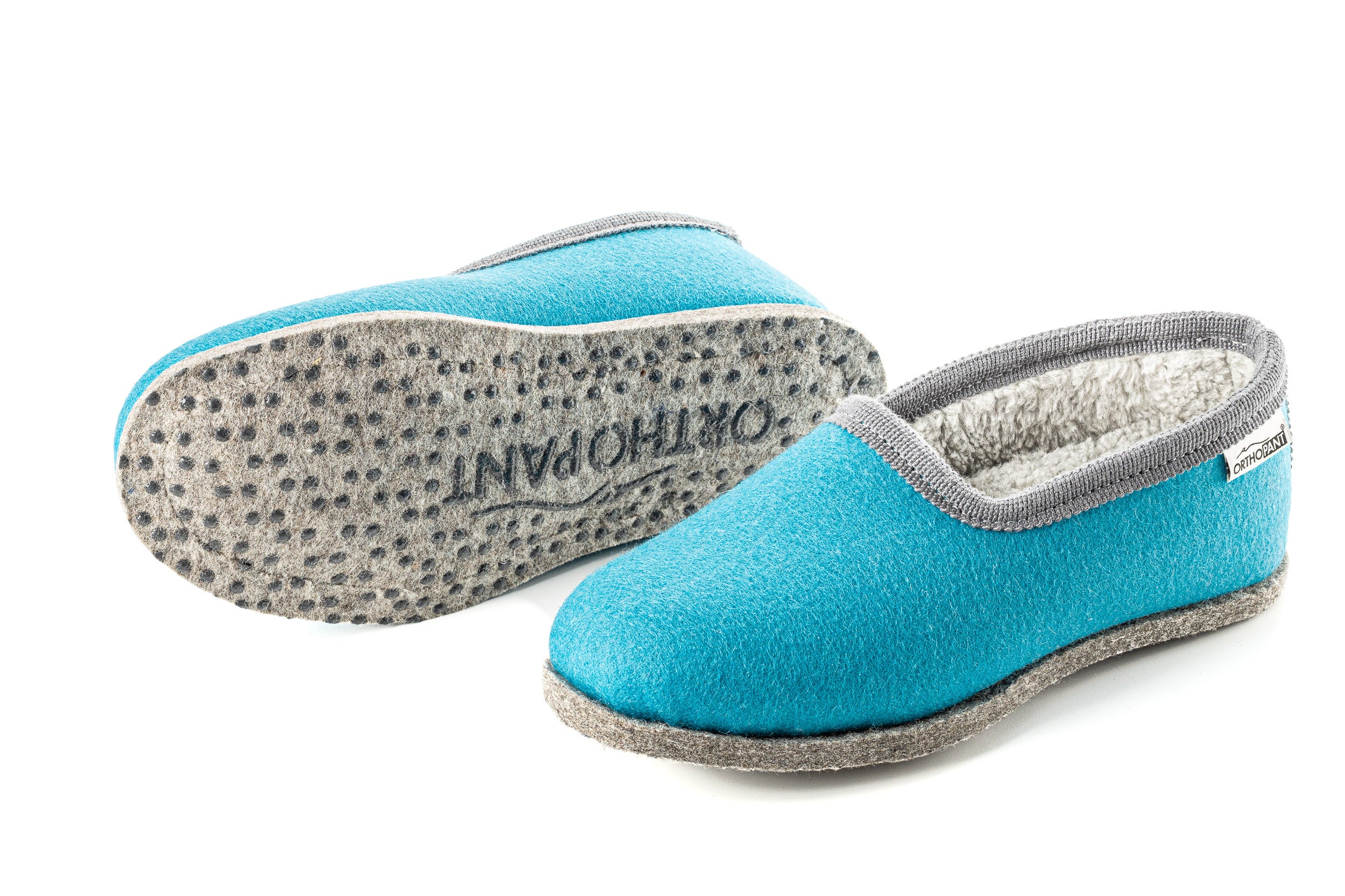 Filzpantoffeln CLASSIC - Hausschuhe türkis mit grauer Borte